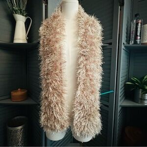 Shaggy Beige and Tan Long Pile Faux Fur Scarf.